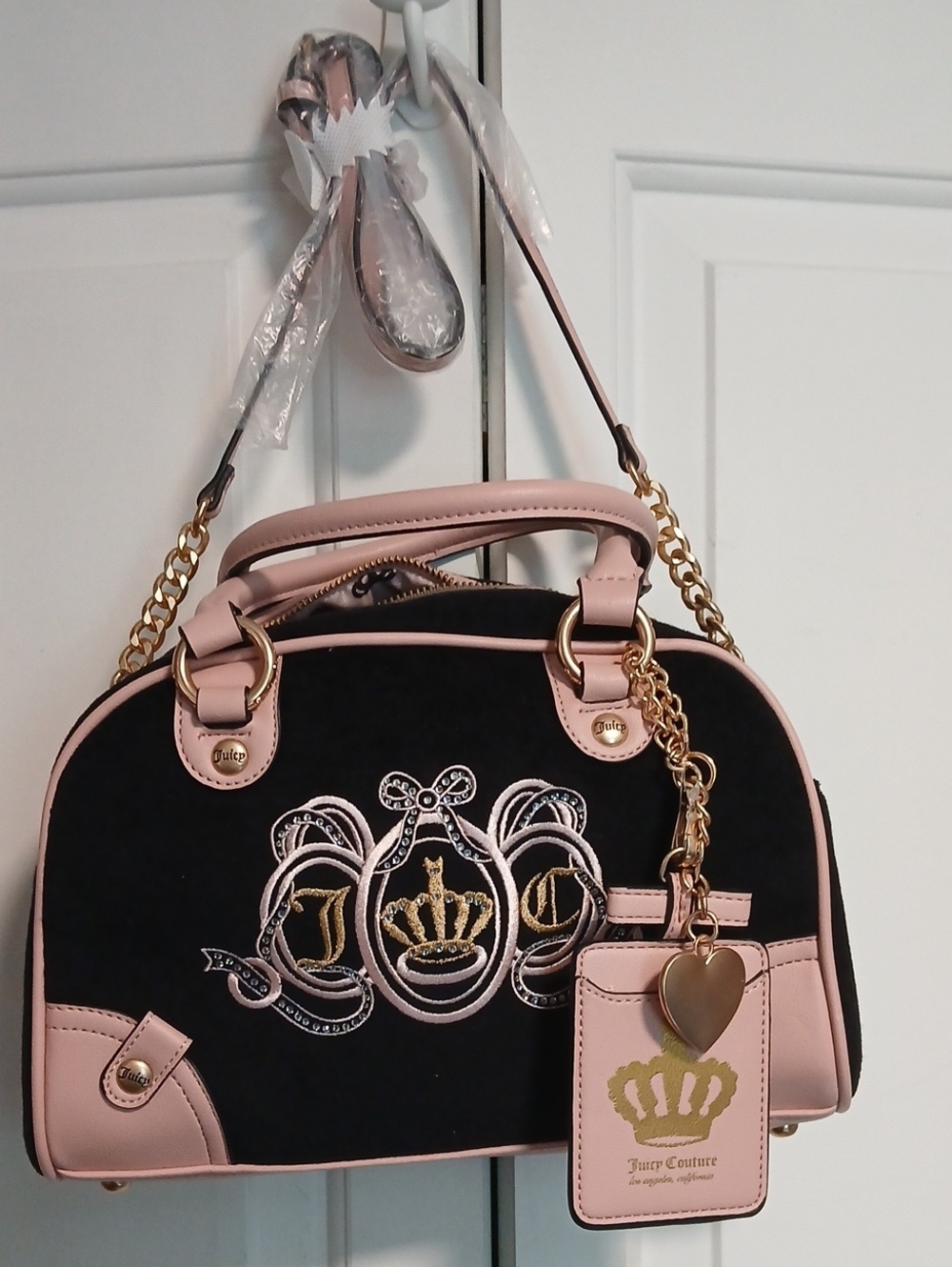 Unused Juicy Couture Black Velvet Satchel with Blush Pink Trim & Gold Hardware